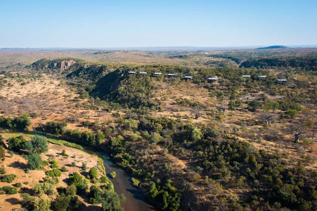 Arial view of the lodge, overlooking the river 