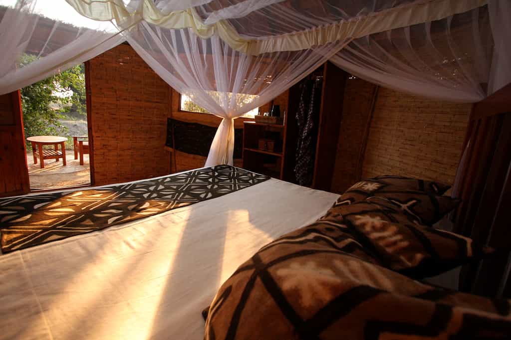 The chalets are made of reed and thatch with very large skylight in the roof.