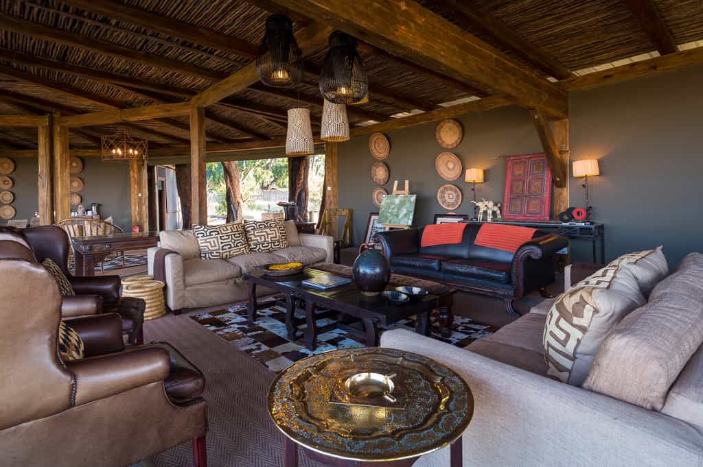 The lounge features traditional African decor