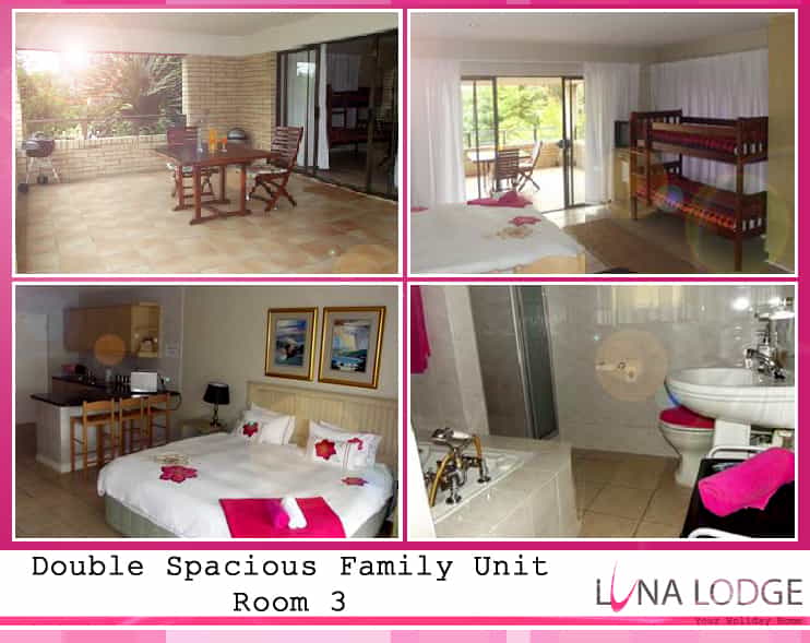— Shared ground floor balcony with sea and mountain views.   — Standard King size & double stack bed – sleeps 4 adults.   — En suite bath and shower.   — Full open plan kitchenette with braai facilities on balcony.