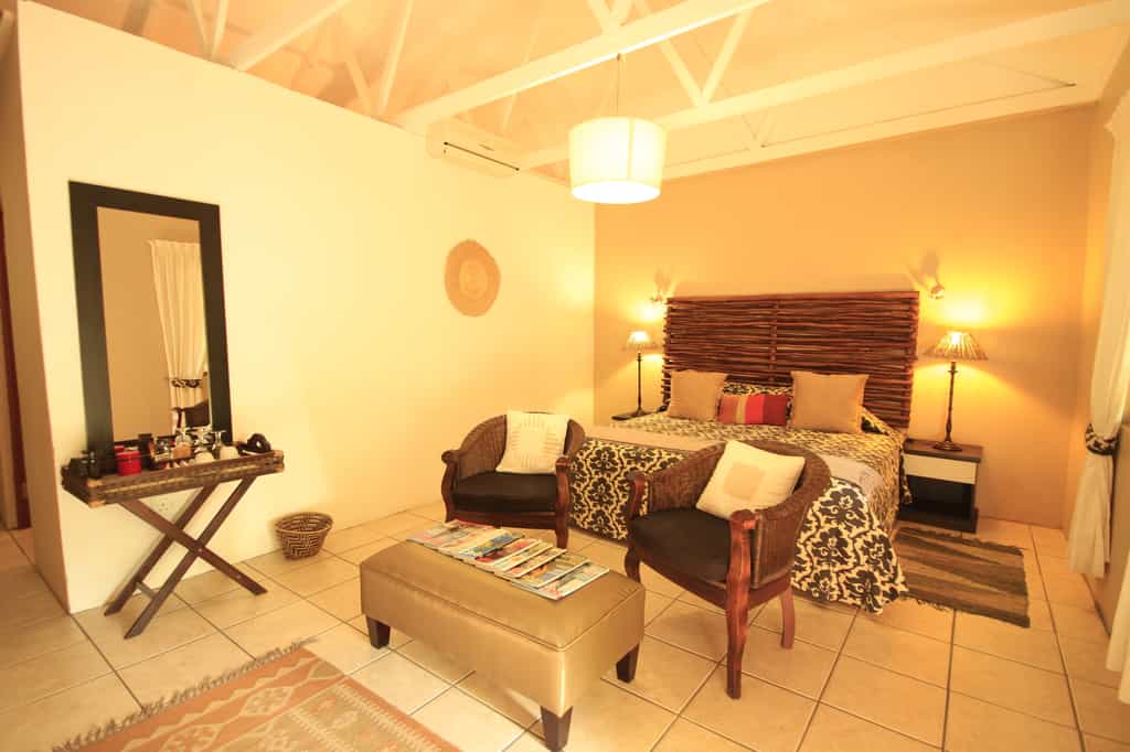 Standard room with private patio, air conditioned, complimentary tea and coffee tray, flat screen television, wall safe,  bar fridge