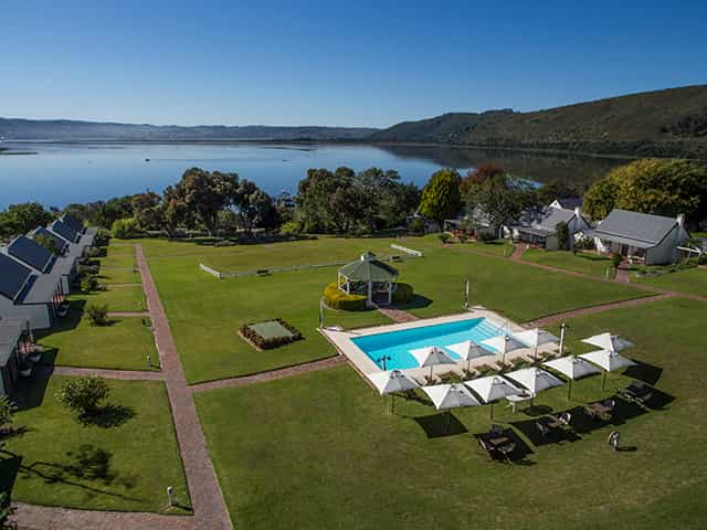 An aerial view of our gardens leading down to the lagoon