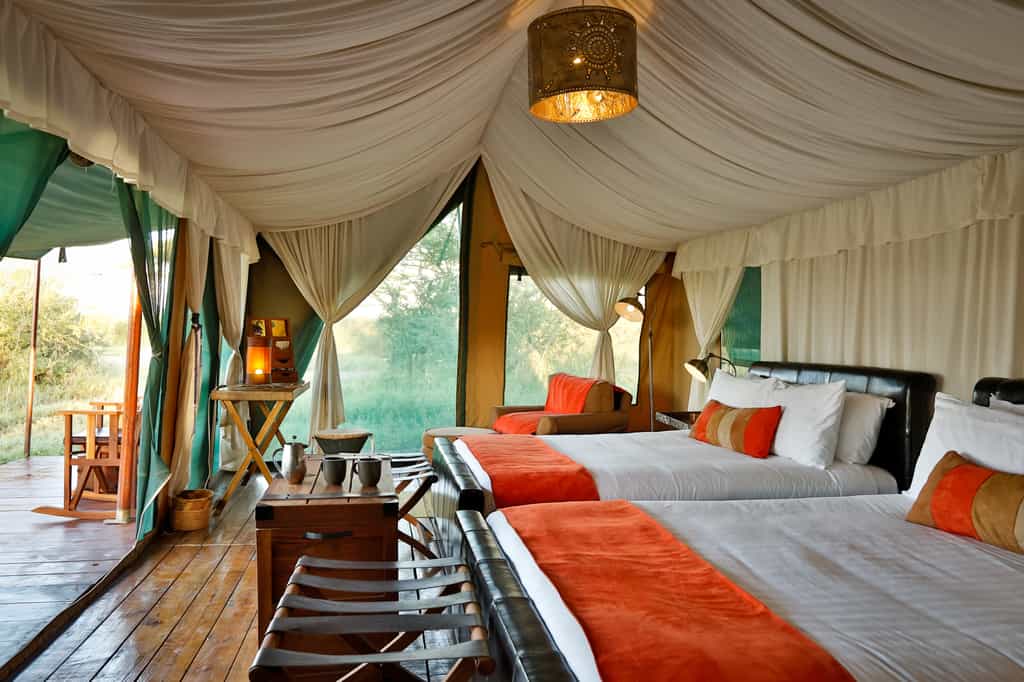 The tents all enjoy queen size twin beds.  All are ensuite with flushing toilets and hot showers.  Power is provided by an inverter and available 24 hrs a day.  Very spacious with lots of room to relax and unwind