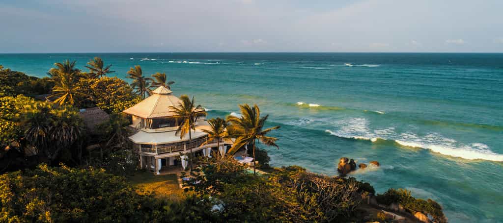 Aerial view of Cliff Villa at sunset