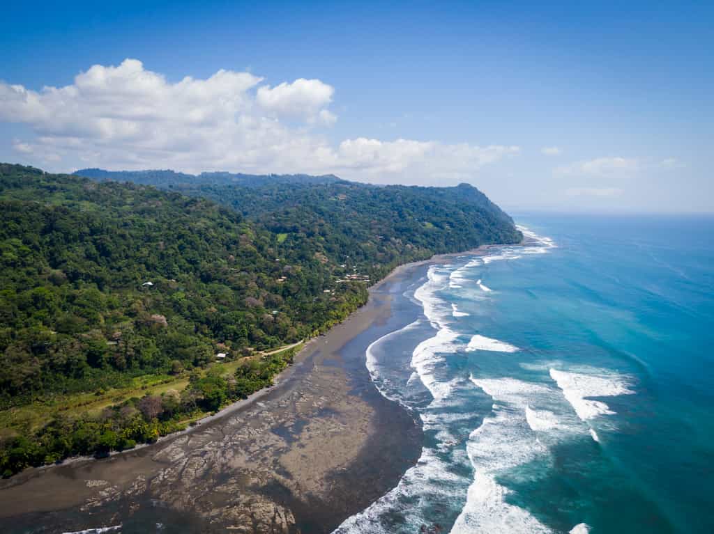 Aerial view of the rainforest and ocean at Tiskita