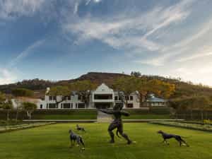 Manor House at Leeu Estate with Artemis and her three dogs in the foreground