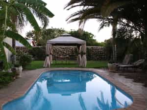 Pool overlooking luscious garden