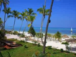 Hotel view of the eastern shoreline of Zanzibar, with the Mnemba marine reserve in the distance.