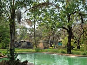 Permanent tents, 2 single beds, fan, light, shared ablution blocks with campsite.