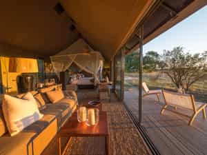 The spacious guest tent lounge and outdoor deck