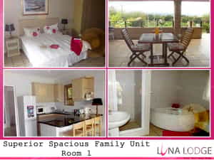  — Shared ground floor balcony with sea and mountian views.   — King bed + Bunk bed + single - sleeps 2 adults and 2 children + 1 person.   — En-suite full bathroom with Jacuzzi bath and shower.   — Full open plan kitchenette with braai facilities on balcony.