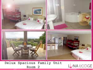— Shared ground floor balcony with sea and mountain views.   —King bed + Bunk bed + single - sleeps 2 adults and 2 children.  — Attached bathroom with Jacuzzi bath and shower.   — Full open plan kitchenette with braai facilities on balcony.