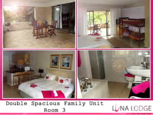 — Shared ground floor balcony with sea and mountain views.   — Standard King size & double stack bed – sleeps 4 adults.   — En suite bath and shower.   — Full open plan kitchenette with braai facilities on balcony.