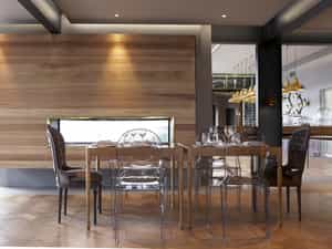 Table in front of a fire place