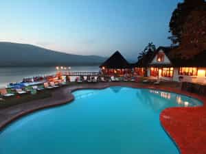 Early evening view looking down over pool and bar deck