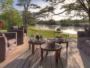 Guest areas boast views of the river and its resident hippo