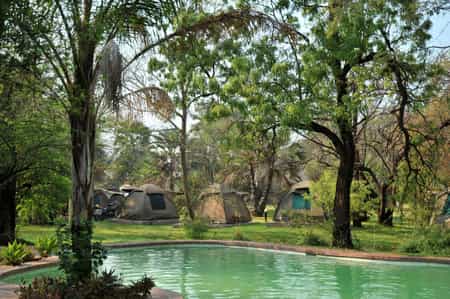 Permanent tents, 2 single beds, fan, light, shared ablution blocks with campsite.